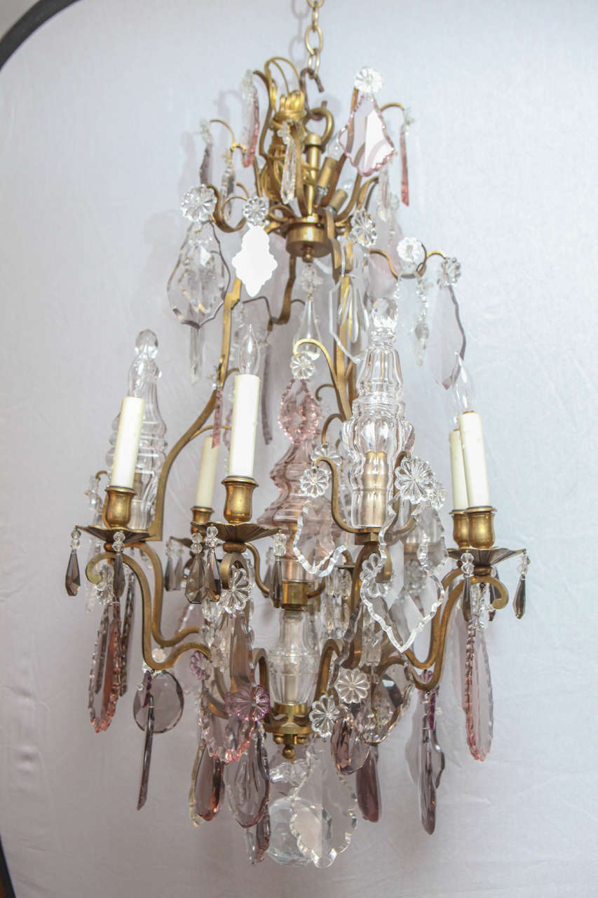 19th c. French Dore Bronze and Crystal Baccarat Chandelier with interior and exterior lights.  There are clear, amethyst and smoky crystals.  Newly wired.