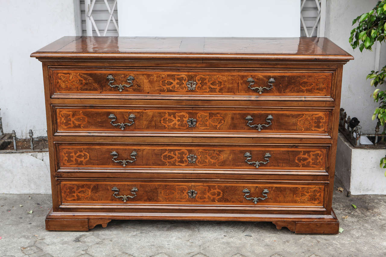 Rare oversized 18th century Italian four-drawer burl walnut commode with bronze drawer handles and finely inlaid fruitwood.