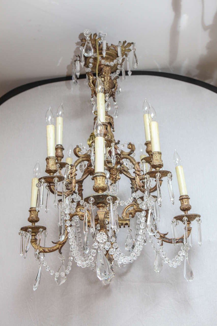 19th century French Dore Bronze Louis XIV Style 2 Tiered Chandelier.  Newly wired.