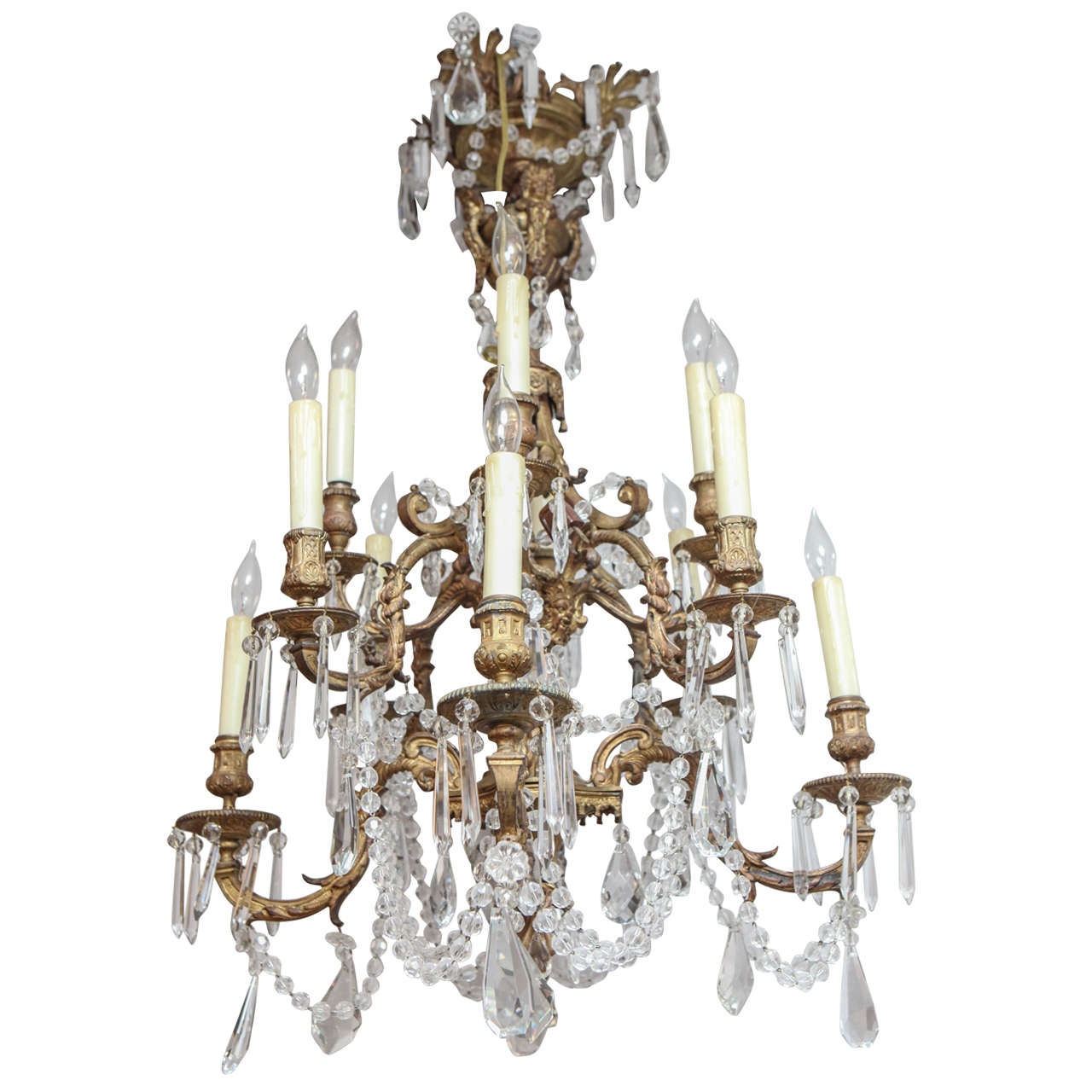 19th Century French Dore Bronze Louis XIV Style Two-Tiered Chandelier For Sale