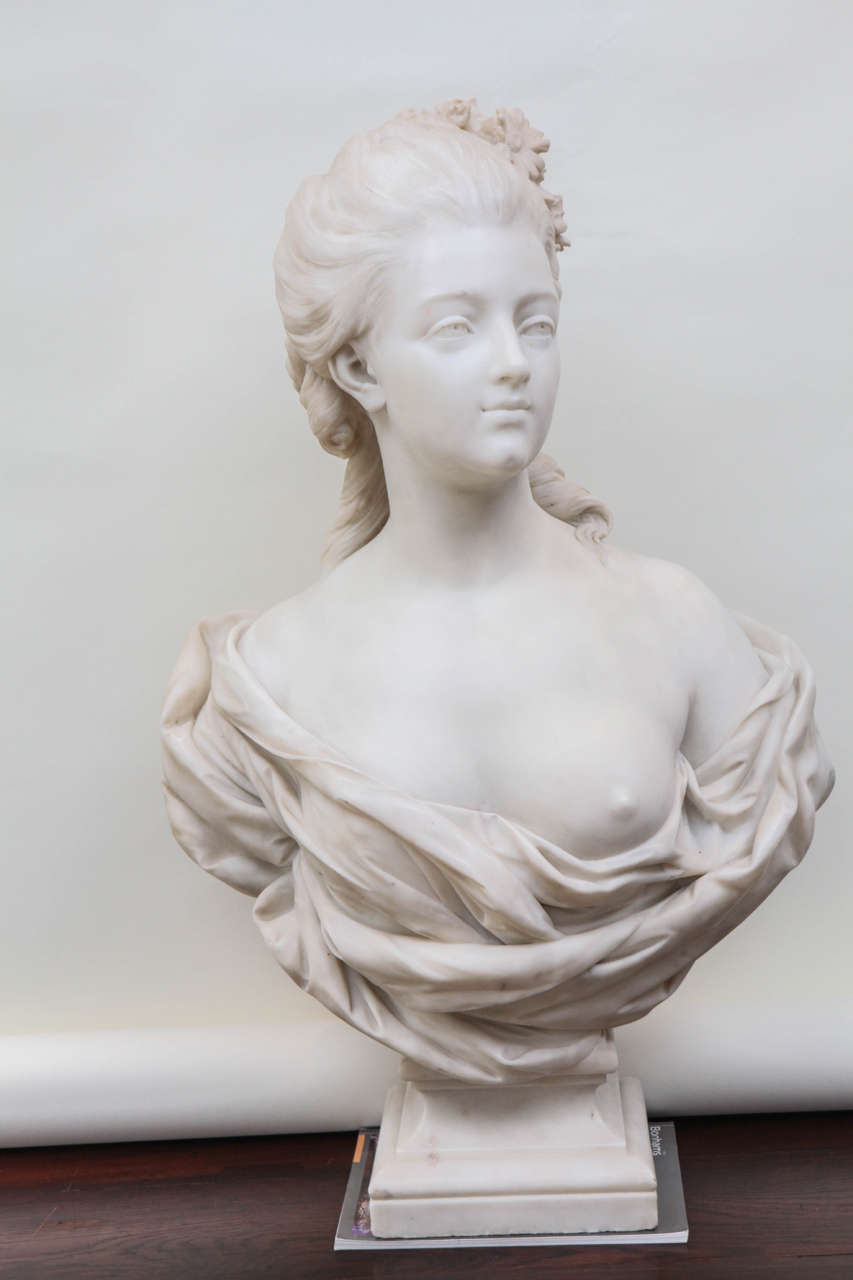 19th century French finely carved Carrara marble bust of Noblewoman with draped detail. Museum quality.