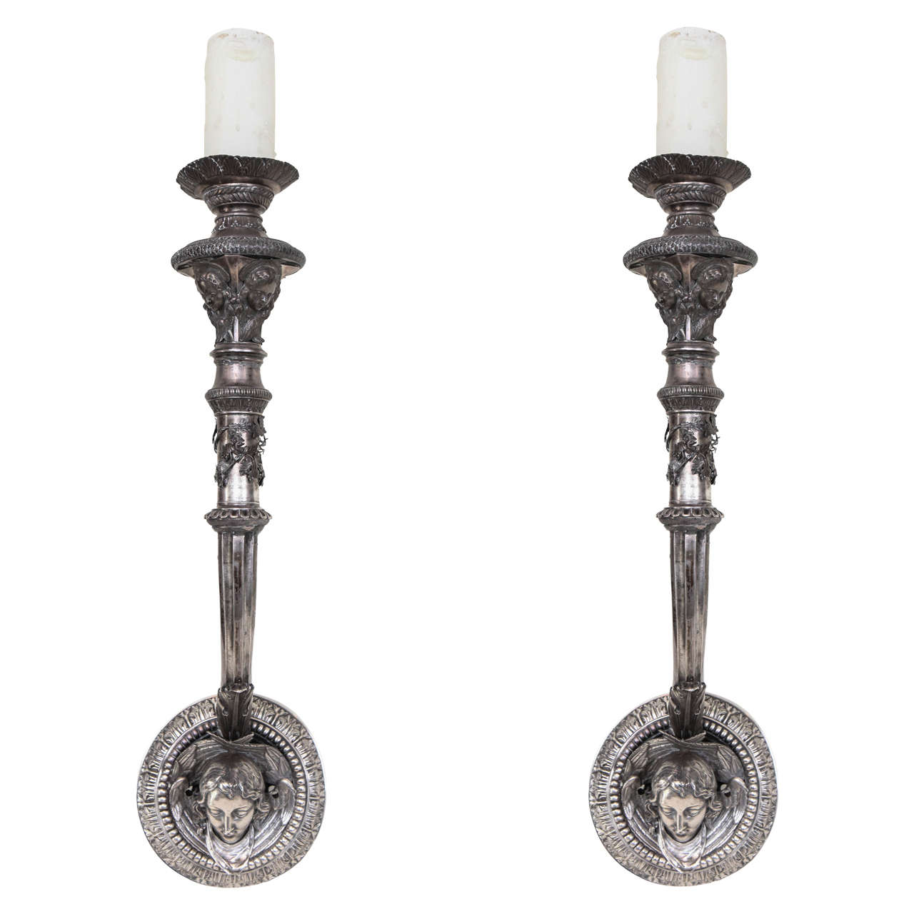 Pair of French Silvered Bronze Arm Sconces For Sale