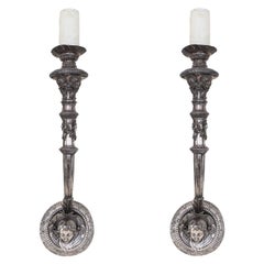 Antique Pair of French Silvered Bronze Arm Sconces