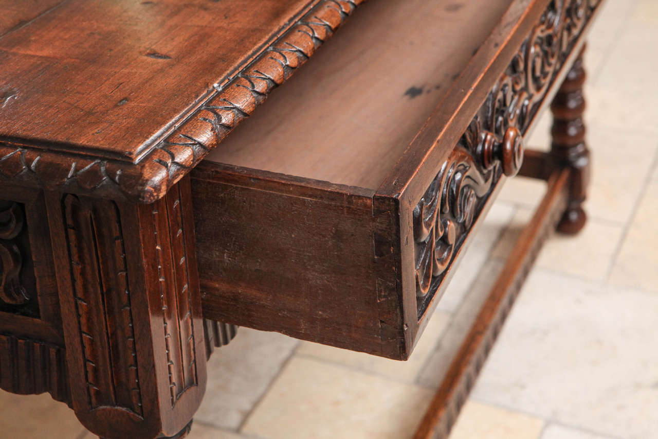 Carved 19th Century Italian Walnut Library Table with Single Drawer For Sale
