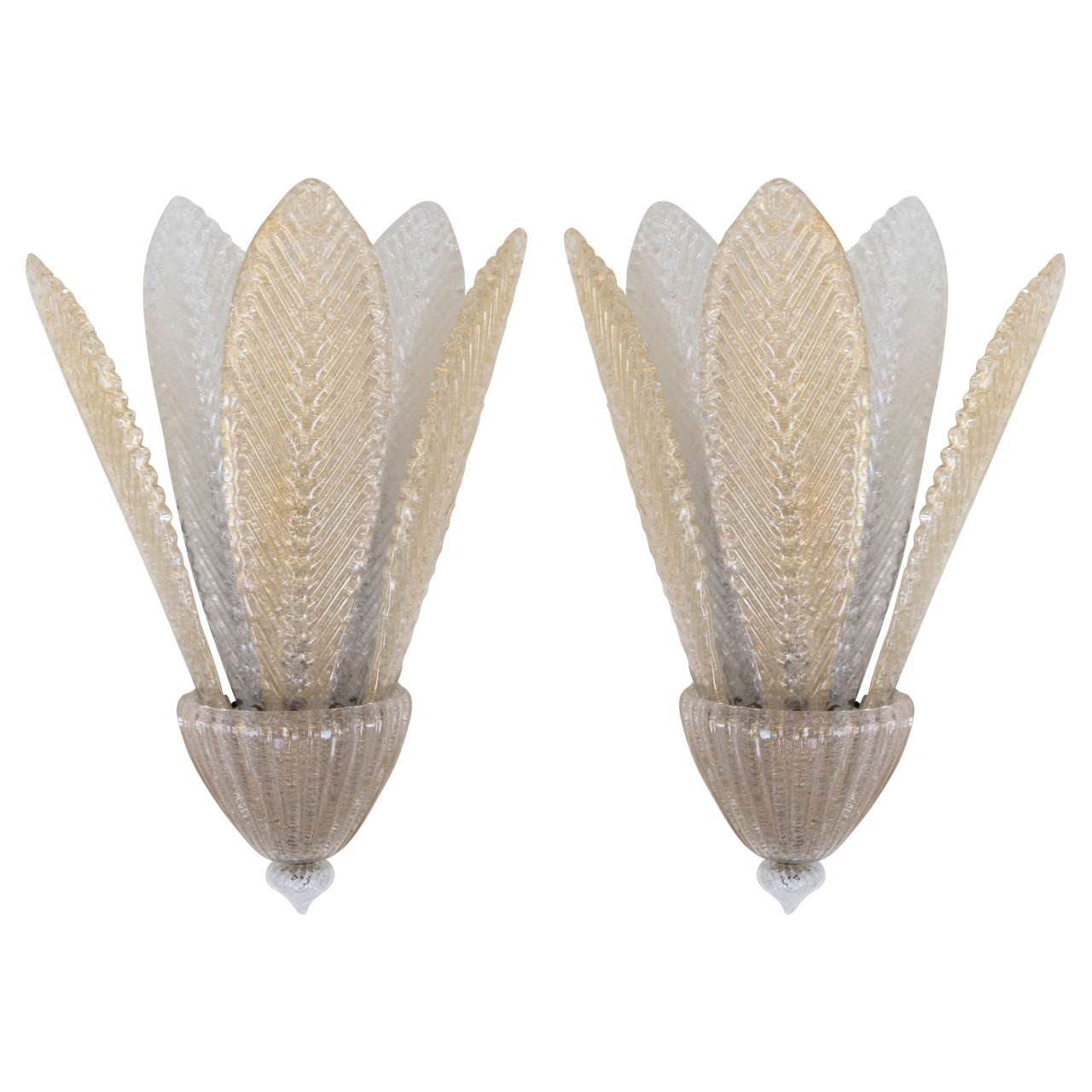 Midcentury Pair of Italian Murano Wall Sconces with Leaf Motif