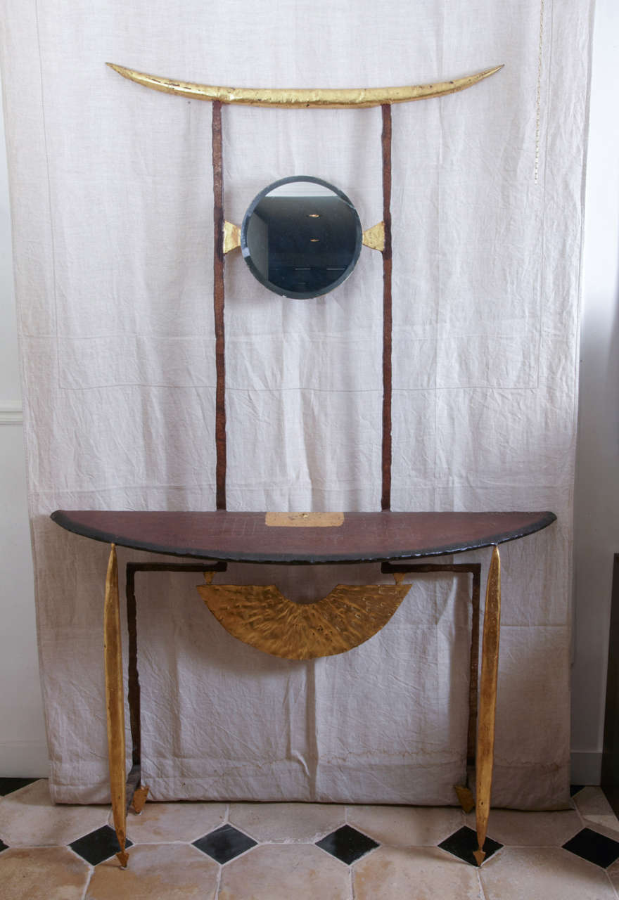 Brutalist  Console And Mirror by Jean-Jacques Argueyrolles