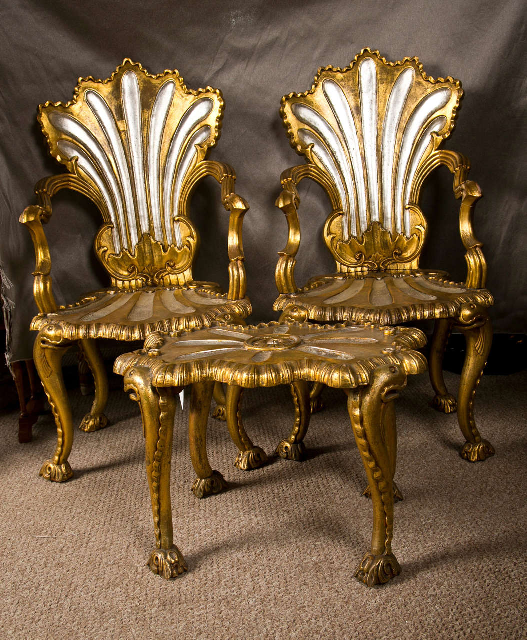 Spectacular French Rococo Style Armchairs & Stool by Jansen 6