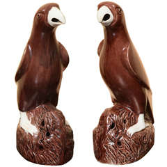 Antique Pair of Chinese Export Brown Glazed Porcelain Parrots, circa 1850