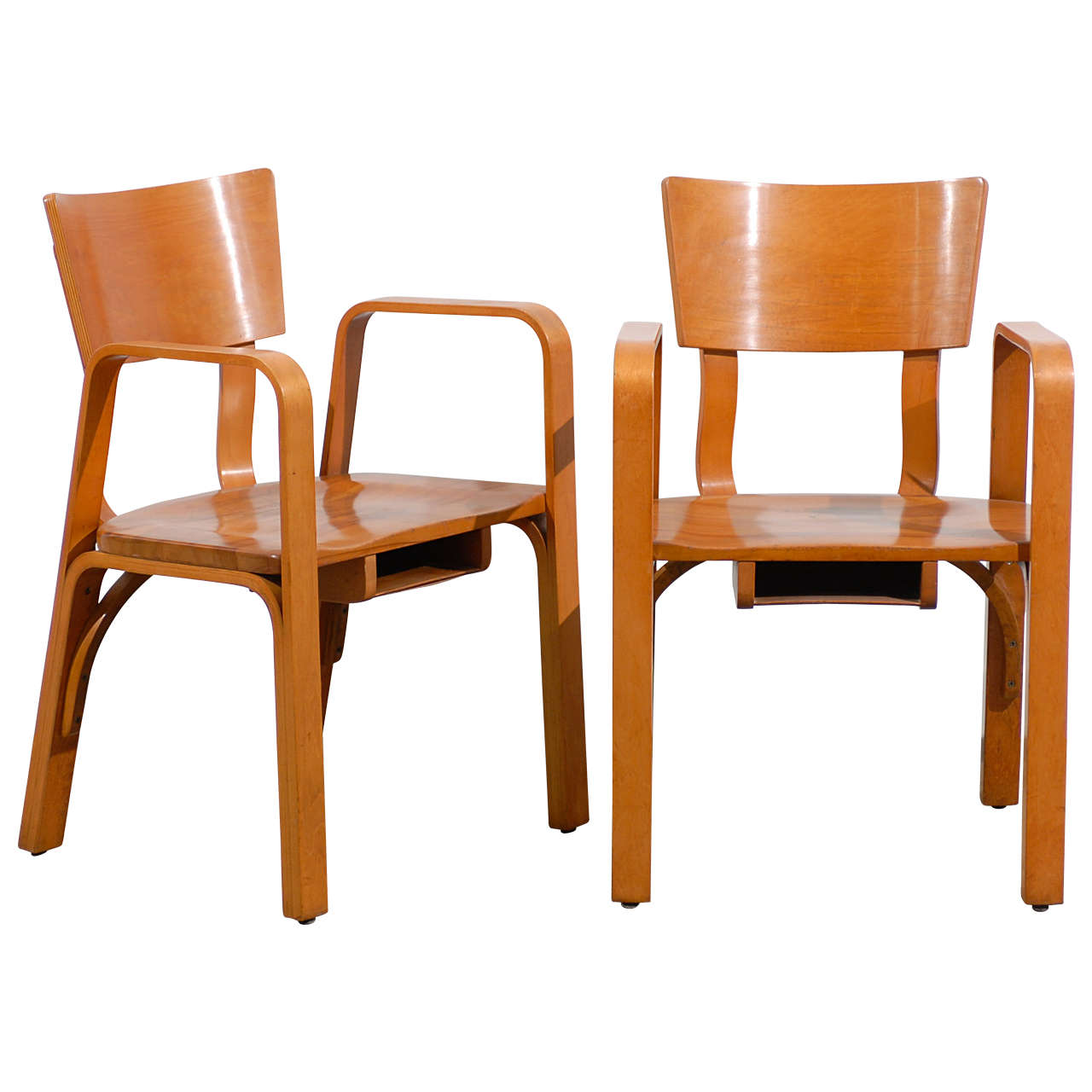 An Unusual Pair of Bent Plywood Arm Chairs by Thonet