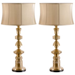 Beautiful Pair of Marbro Style Monumental Brass Lamps