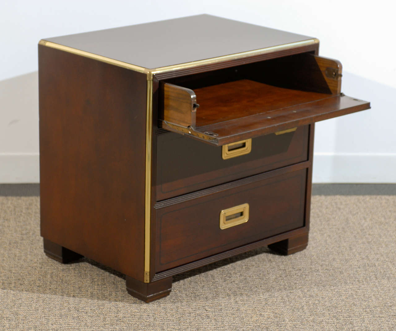 Late 20th Century Pair of Baker Campaign Chests in Espresso Lacquer