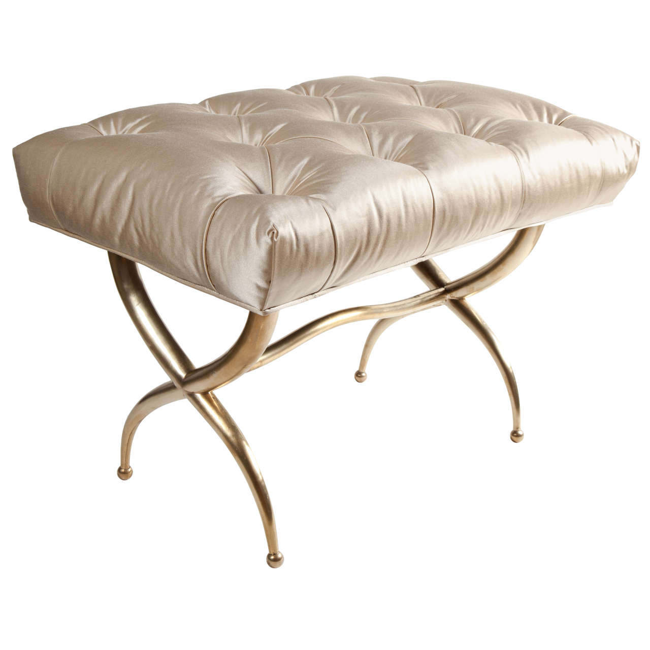 Brass Bench with Silk Upholstery, Italy, circa 1950