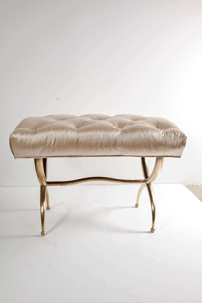 Mid-Century Modern Brass Bench with Silk Upholstery, Italy, circa 1950