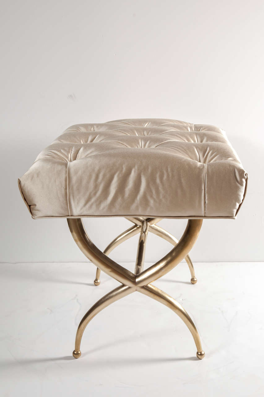 Mid-20th Century Brass Bench with Silk Upholstery, Italy, circa 1950