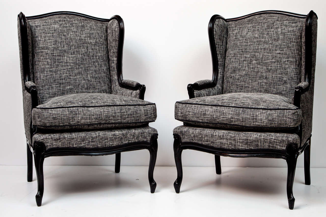Mid-20th Century Pair of Tall Wingback Chairs