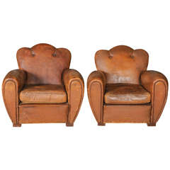Vintage Pair of Art Deco, Weathered Leather Club Chairs
