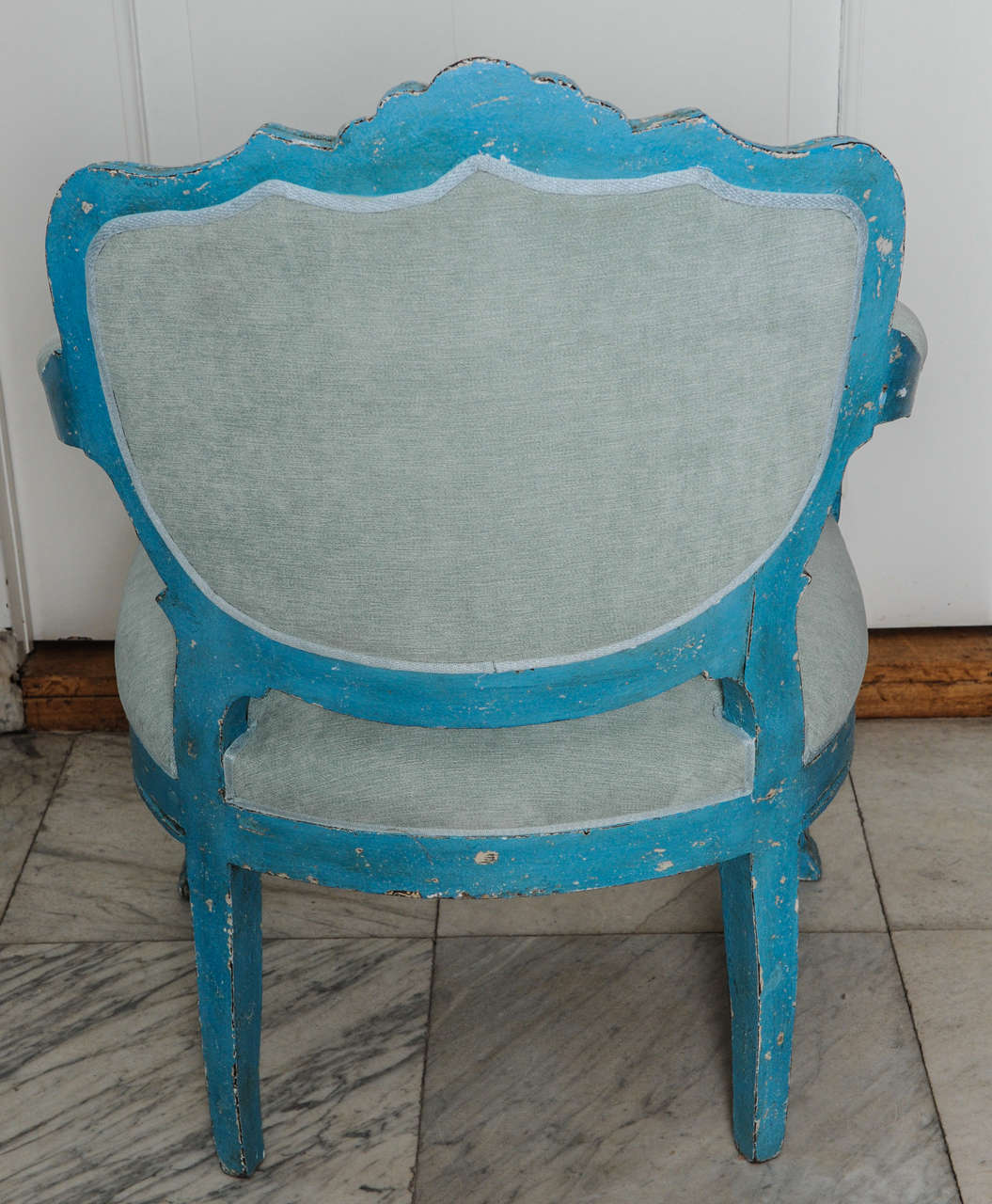 French Set of 6 Antique Dining Chairs with Azure Blue Patina For Sale
