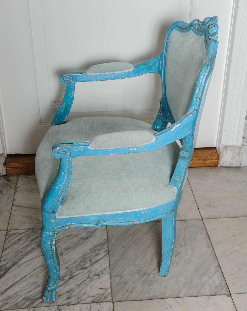 Set of 6 Antique Dining Chairs with Azure Blue Patina In Good Condition For Sale In Baambrugge, NL