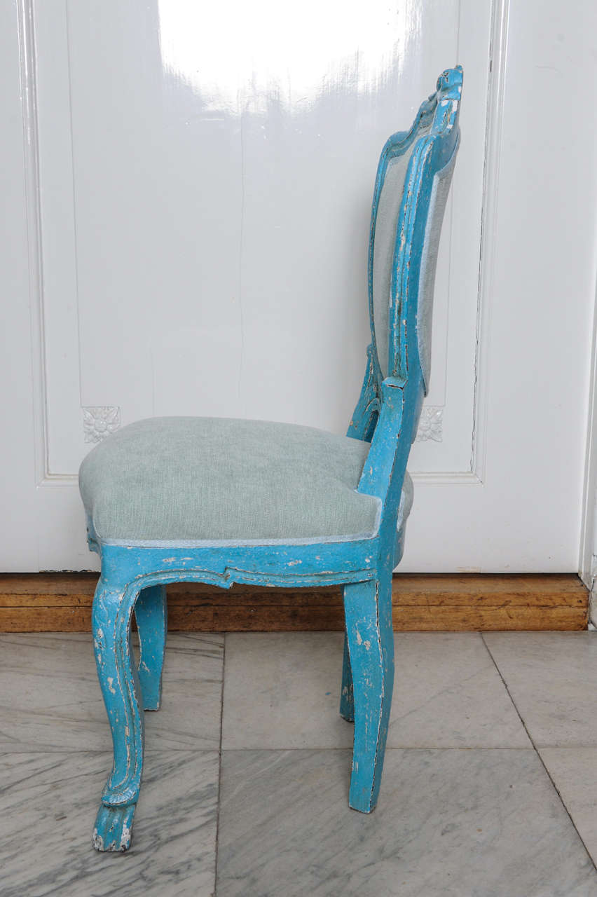 19th Century Set of 6 Antique Dining Chairs with Azure Blue Patina For Sale