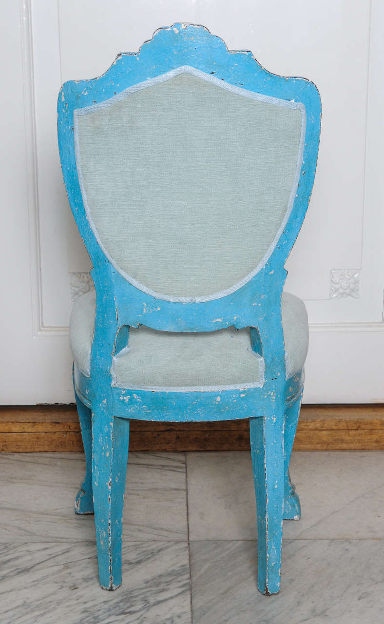Upholstery Set of 6 Antique Dining Chairs with Azure Blue Patina For Sale