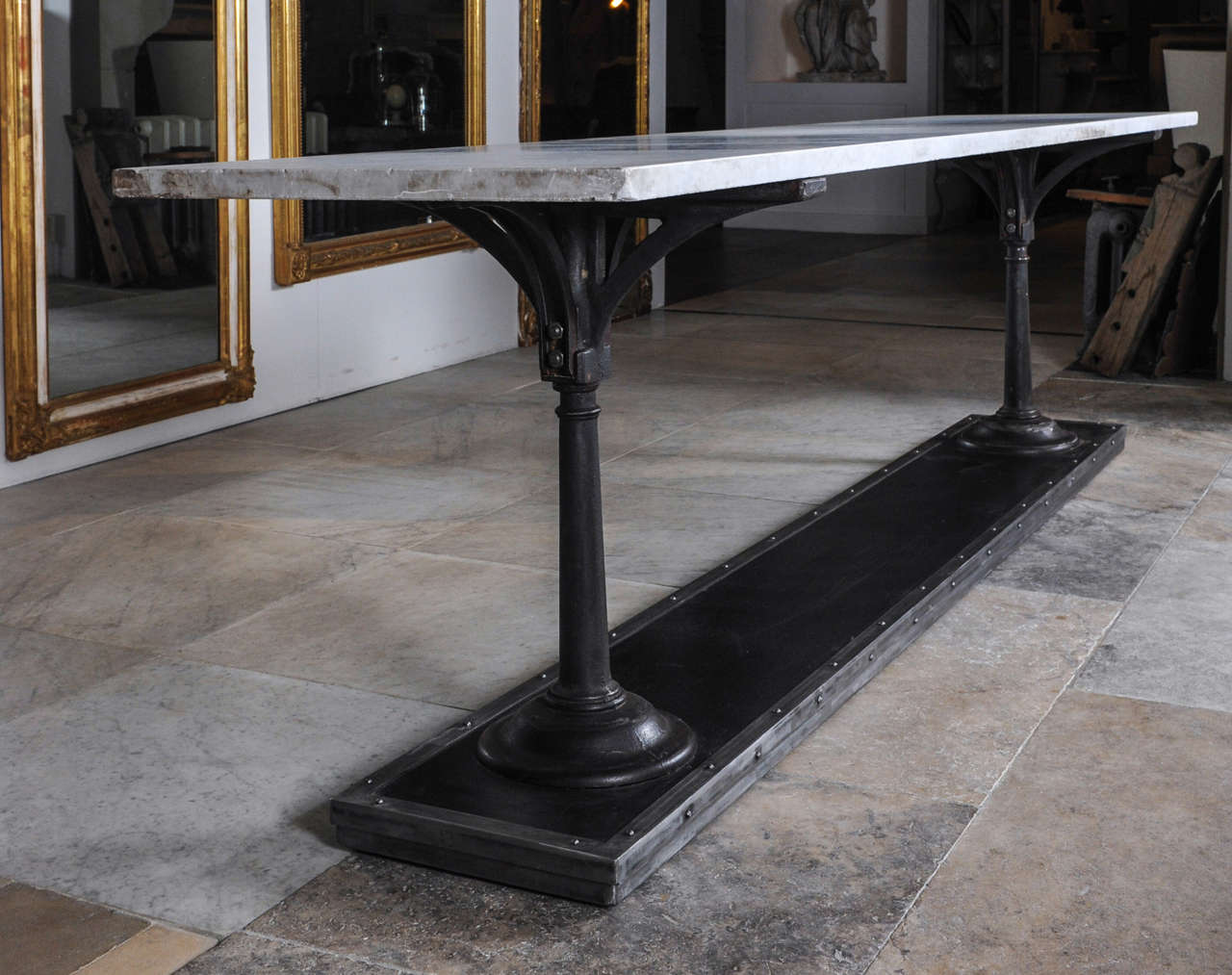 A Long, Slim Cast And Wrought Iron Butchers Table With Carrara Marble Top In Good Condition In Baambrugge, NL