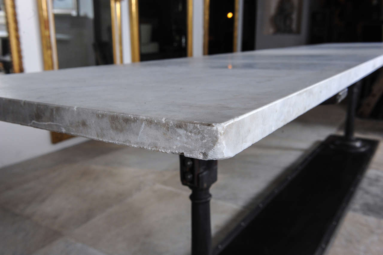 A Long, Slim Cast And Wrought Iron Butchers Table With Carrara Marble Top 1