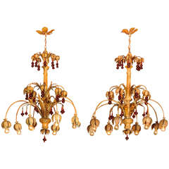Pair of Carved Wooden Italian Iron Chandeliers with Flower Bulbs