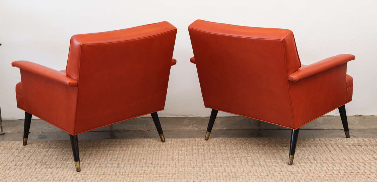 Pair of orange Leather Mid-Century Armchairs 2