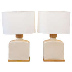 Pair of 1970's Ceramic and Birchwood Table Lamps