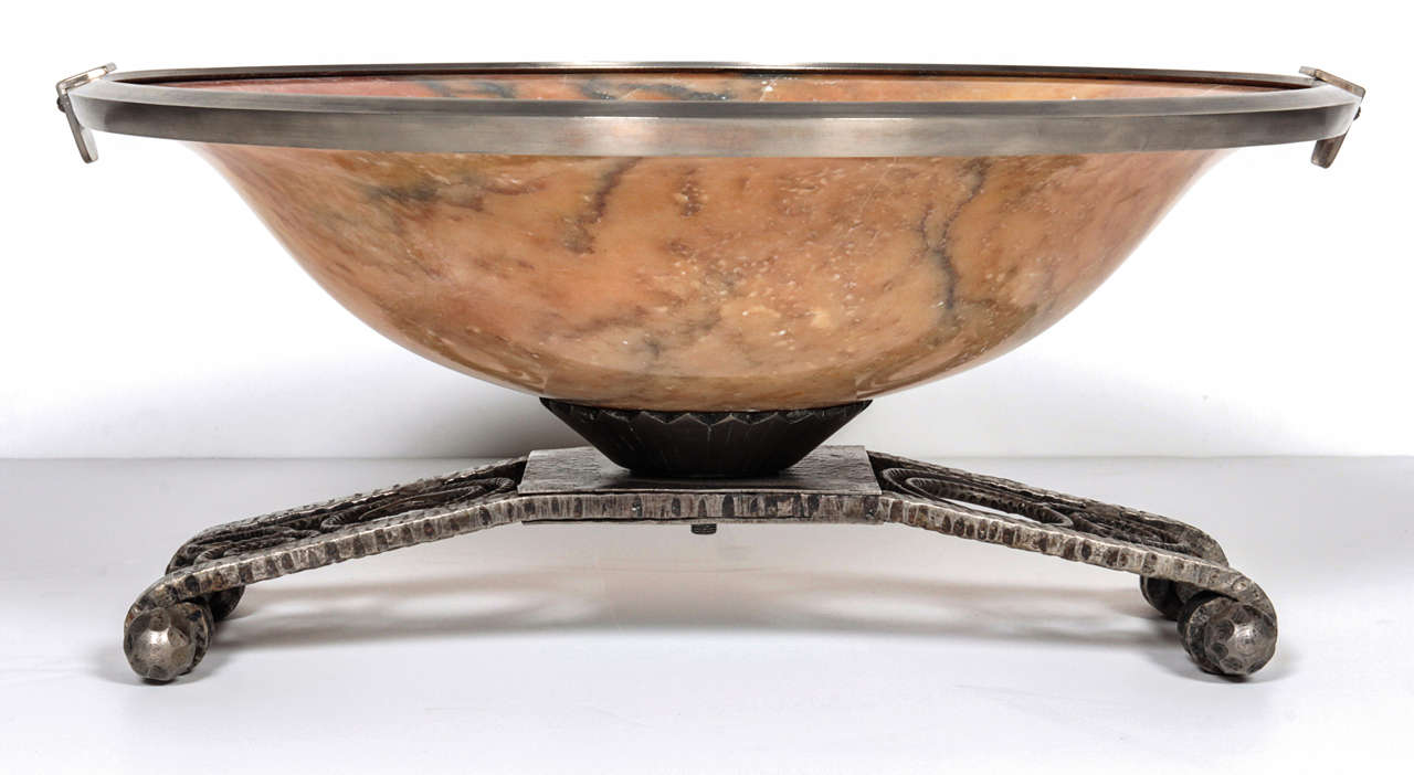 French Large + Important Art Deco Alabaster and Hammered Iron Centerpiece Subes For Sale