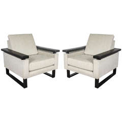 Pair of Large Mid-Century Iron Based Upholstered Cubist Club Chairs