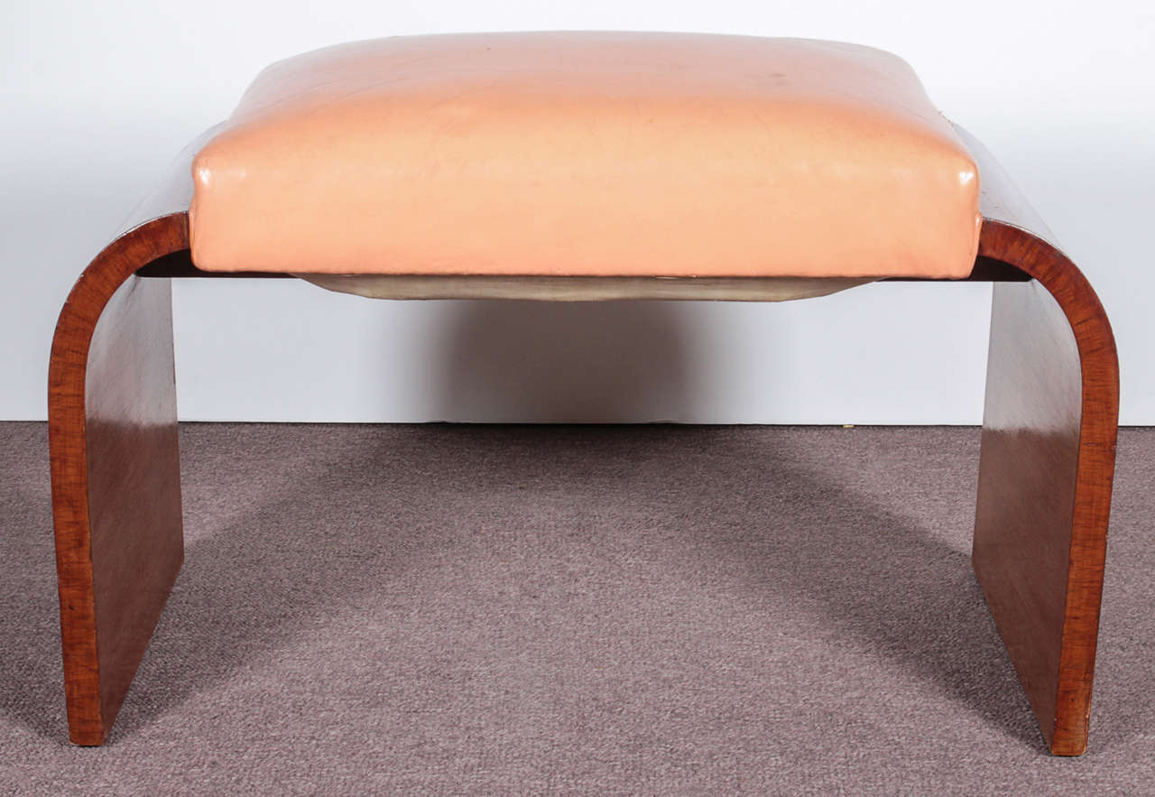 French Art Deco Wood and Leather Waterfall Motif Bench at 1stDibs