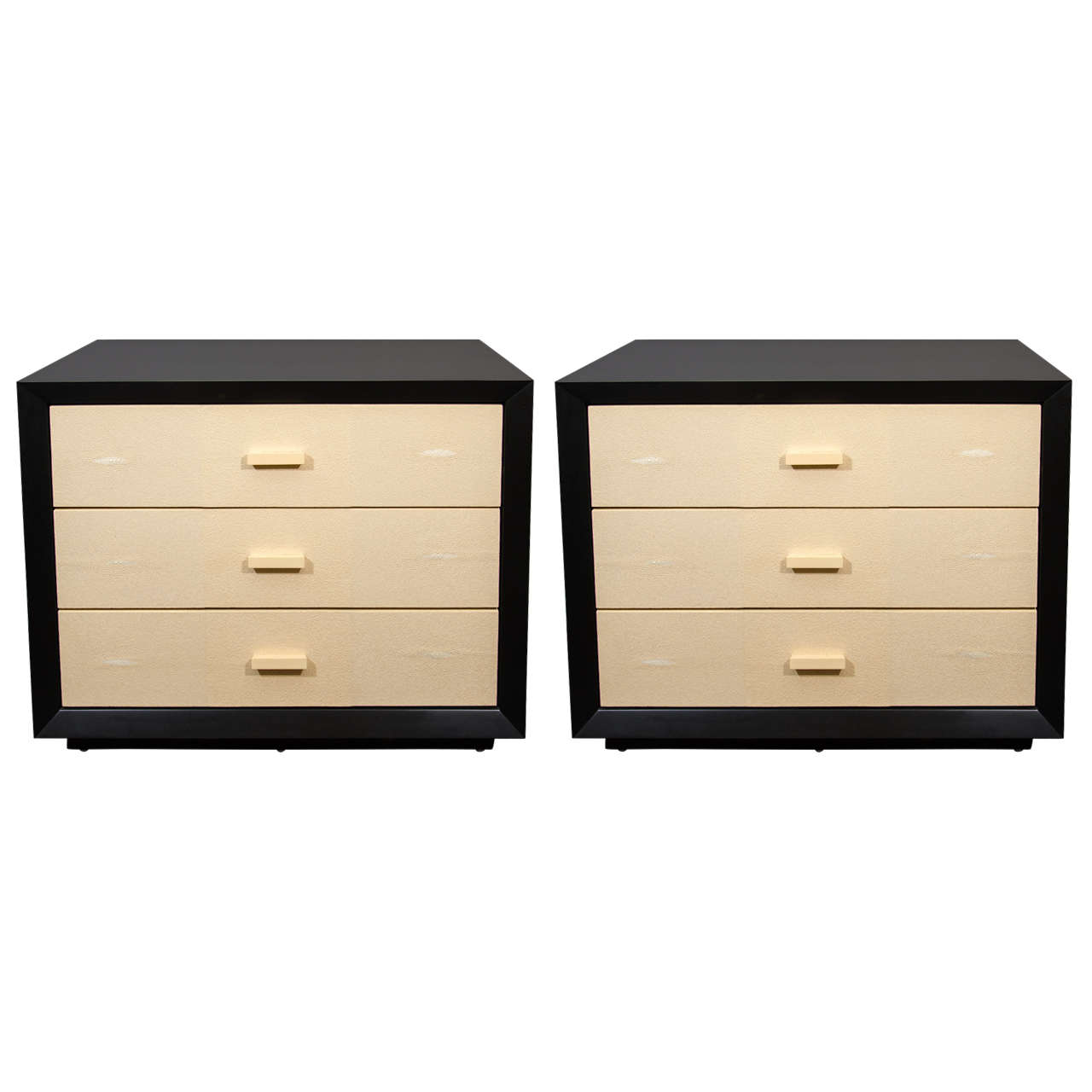 Pair of Custom Black Lacquered Dressers with Genuine Shagreen Drawer Fronts For Sale