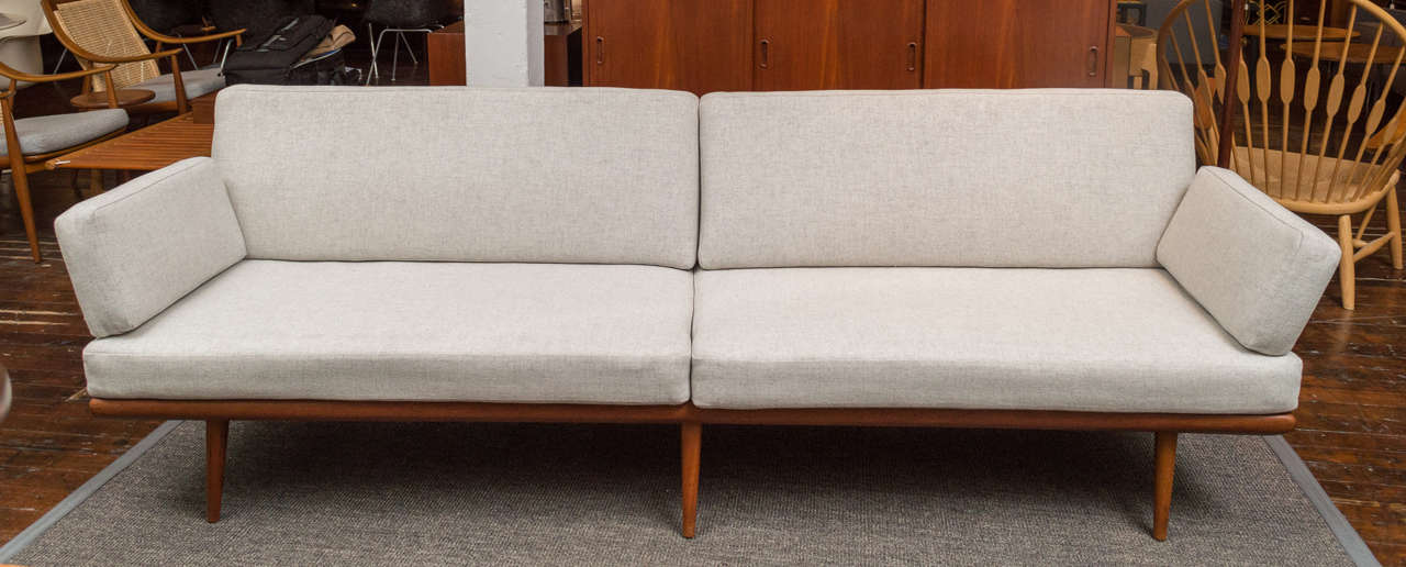 Peter Hvidt and Orla Molgaard Nielsen design sofa for John Stuart, made from teak with chrome supports. Very good condition with Maharam danish wool cushions. Matching corner and side tables are available as well.