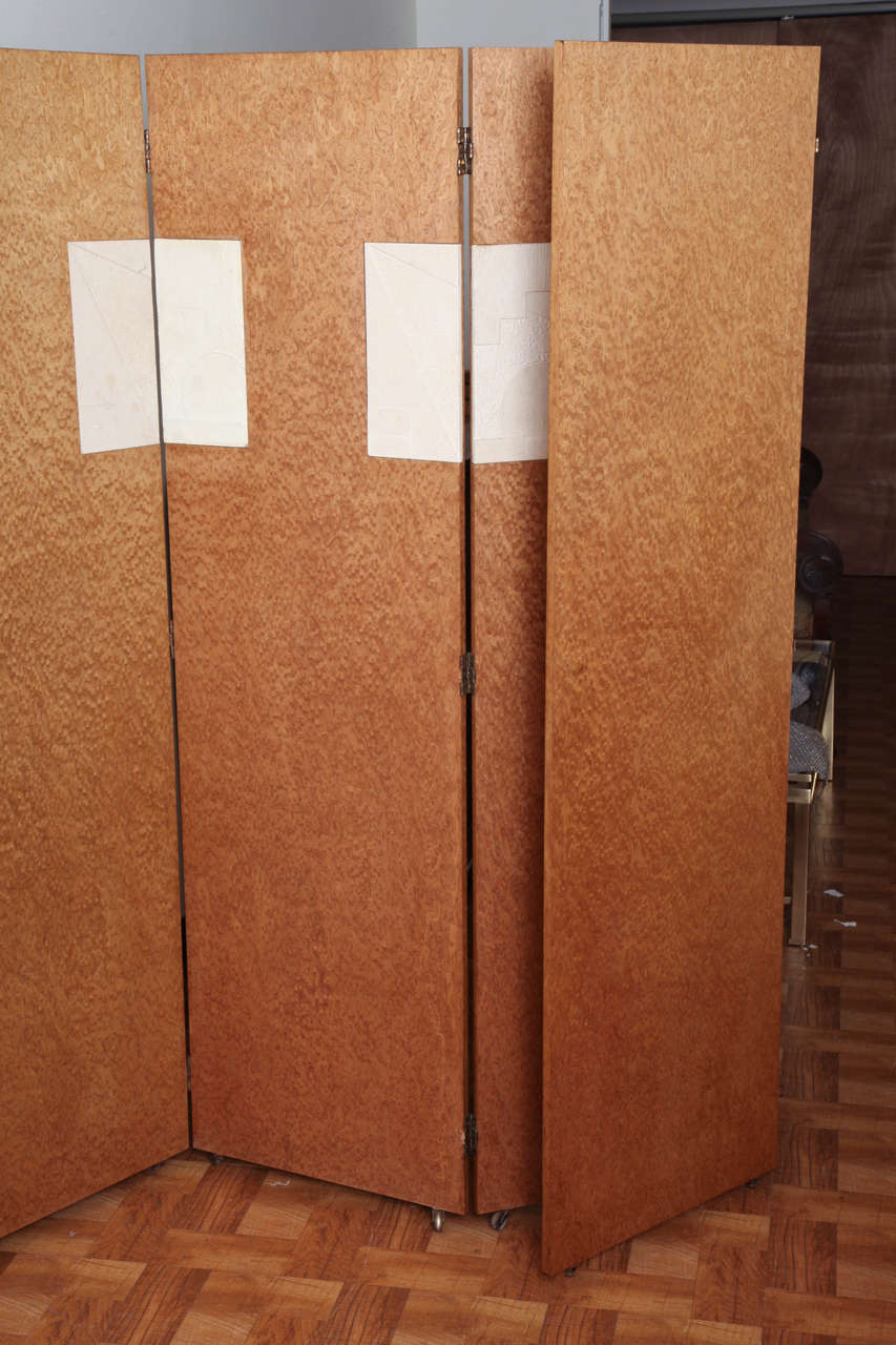 Burl Four-Panel Screen with Plaster Insets Signed by Yves Hervis, France, circa 1960