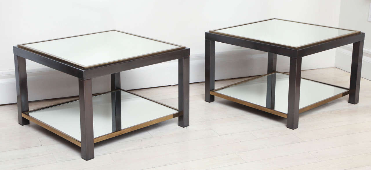 Pair of Brass and Metal End Tables with Mirrored Shelves, France circa 1970