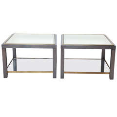 Pair of Brass and Metal End Tables with Mirrored Shelves, France circa 1970