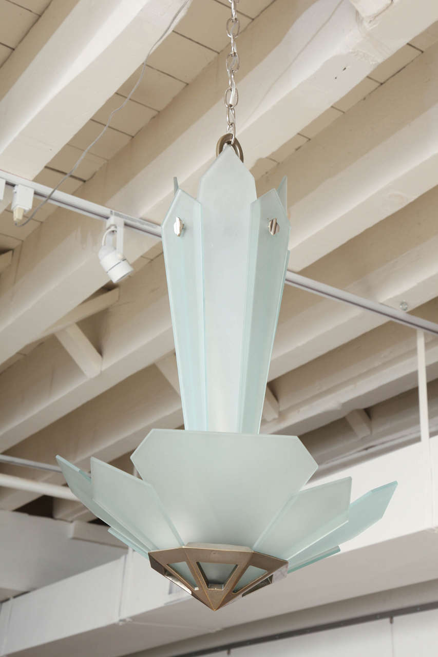 Frosted Glass and Bronze Art Deco Chandelier, France, circa 1930-1940