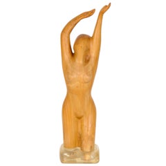 Vintage Wooden Statue of a Naked Woman Standing in Water by Dutch Sculptor Aart Prins