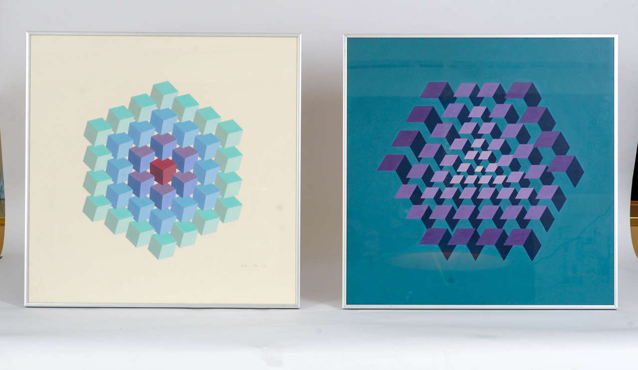 Two lithographs made by Dutch artist Arthur Stibbe (1937 - 2003).
Acryl on paper. Both signed and numbered: the white one 10/84, the blue one 12/84.
Framed in aluminium with glass.

Arthur Stibbe's work can be described as geometrical abstract