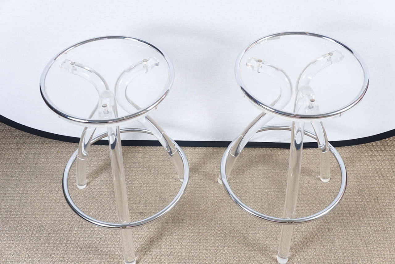 American Pair of Lucite Barstools with Chrome Surround