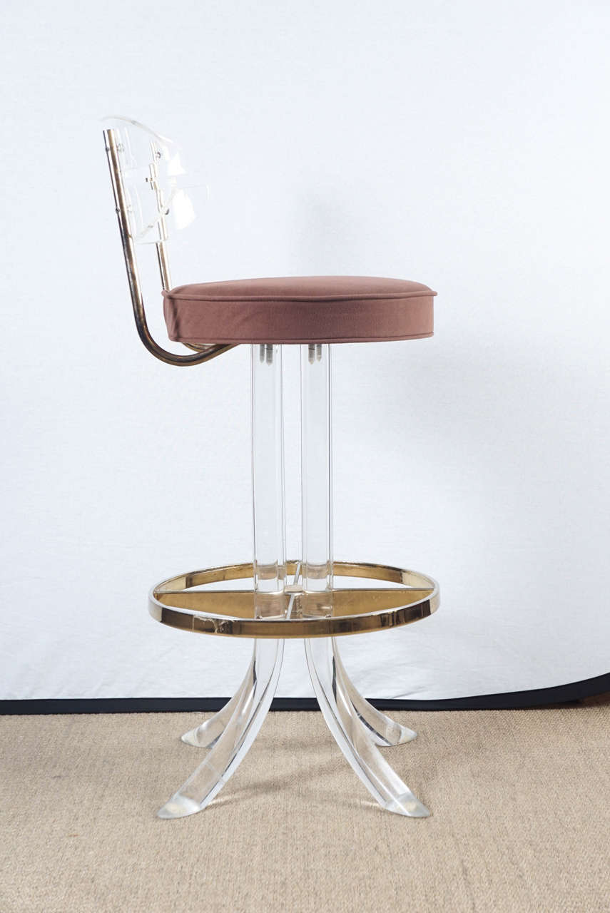 American Pair of Lucite Barstools with Brass Detail For Sale