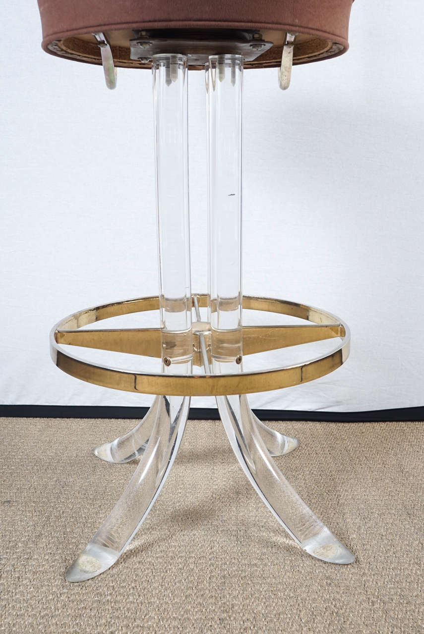 Pair of Lucite Barstools with Brass Detail For Sale 2