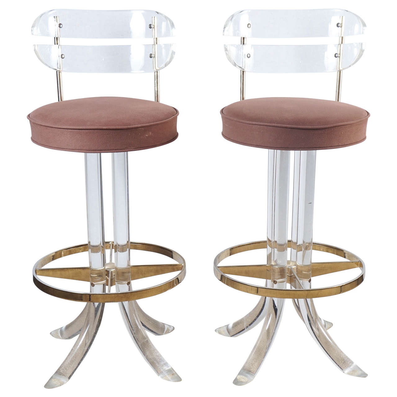 Pair of Lucite Barstools with Brass Detail For Sale