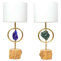 Unique Pair of Travertine, Brass and Murano Glass Lamps