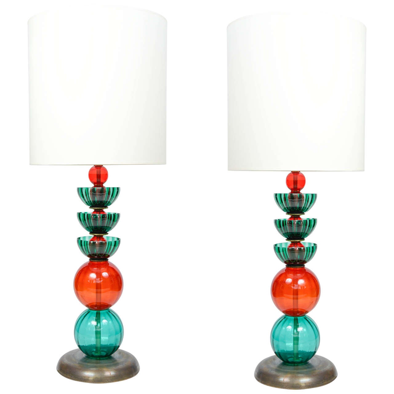 Pair of Red and Green Murano Glass Lamps