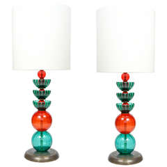 Pair of Red and Green Murano Glass Lamps