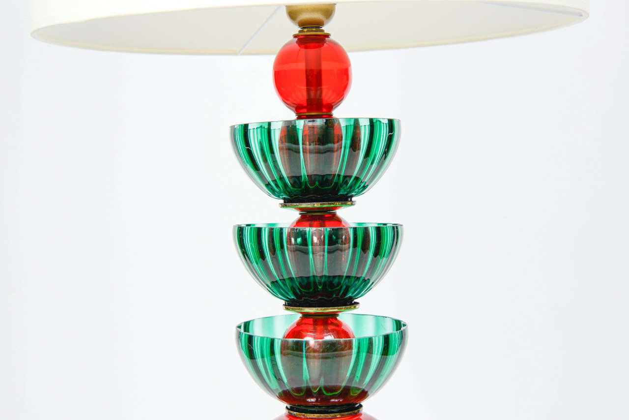 Italian Pair of Red and Green Murano Glass Lamps