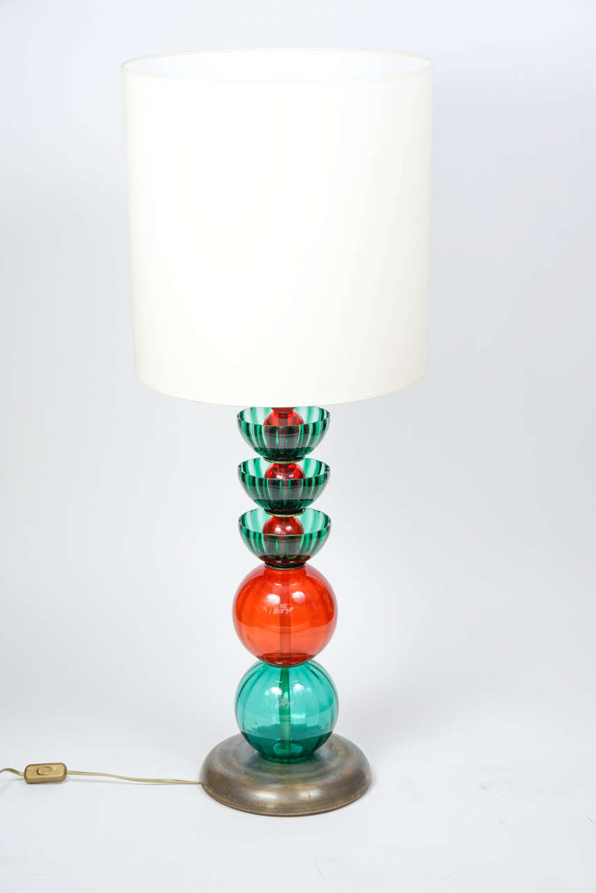 Late 20th Century Pair of Red and Green Murano Glass Lamps