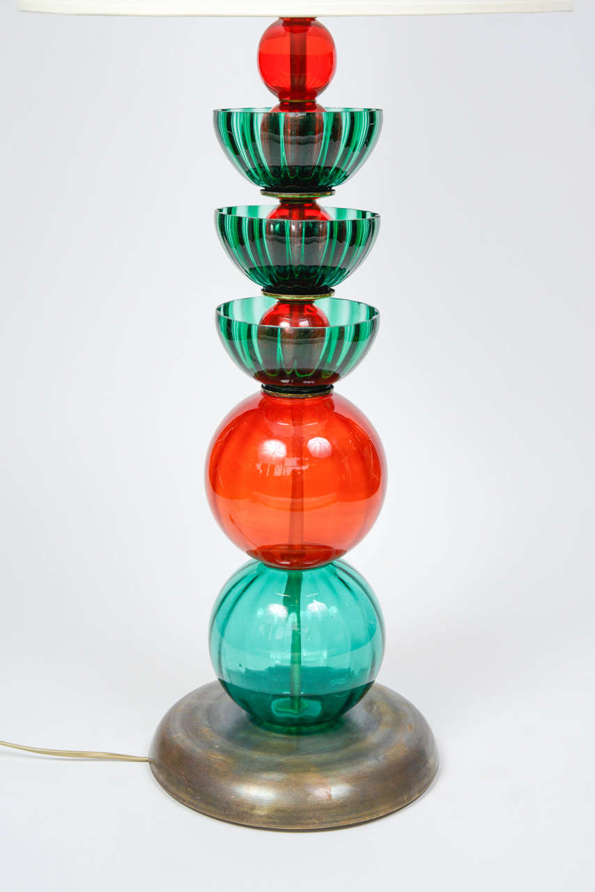 Brass Pair of Red and Green Murano Glass Lamps